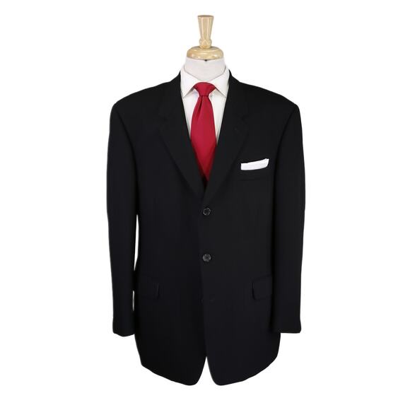Kenneth Cole Vintage 90s Solid Black 3-Btn Wool Suit 46R